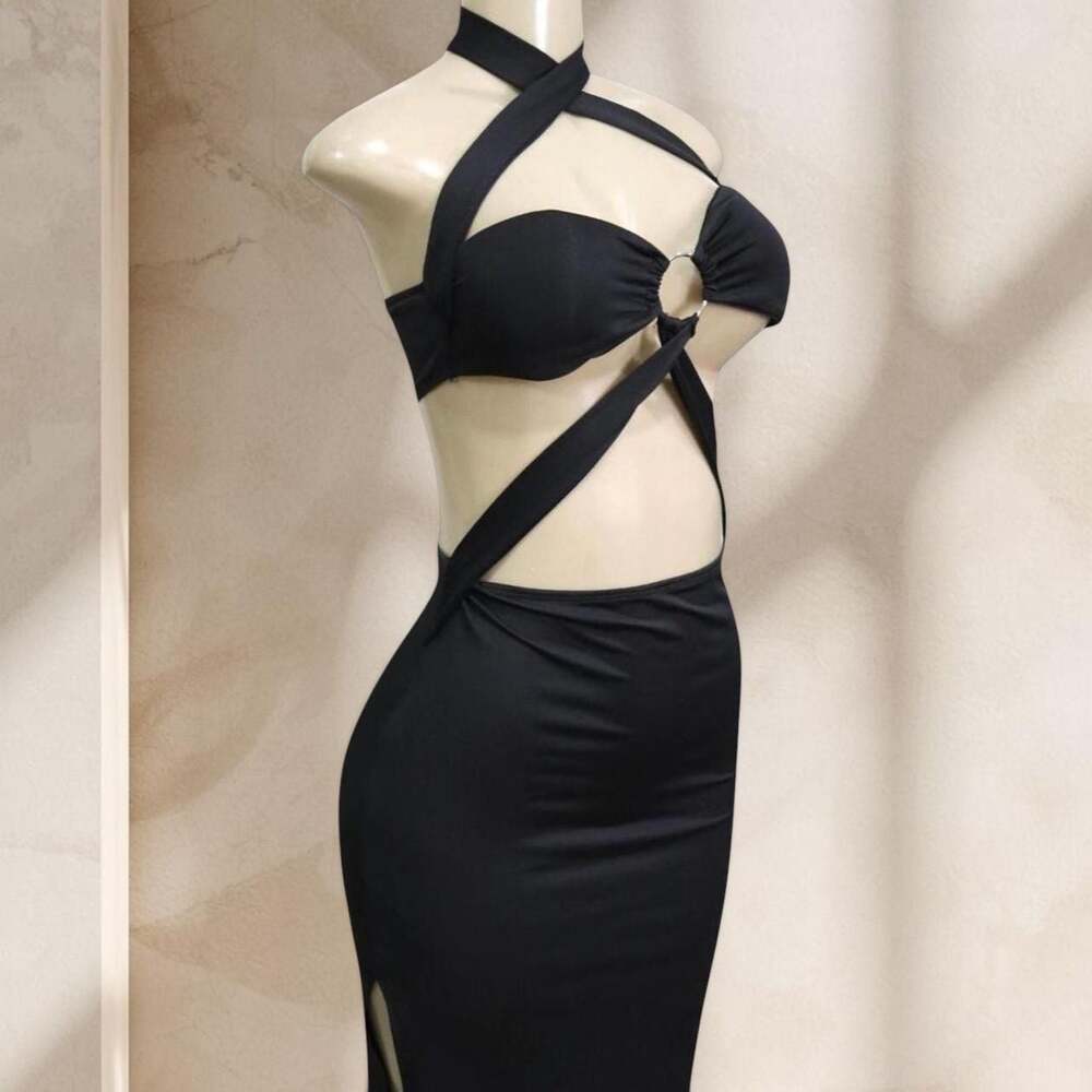 Black Cutout Maxi Dress – Halter Strap Bodycon Ring Detail Sexy Elegant ✧ L - Picture 2 of 4